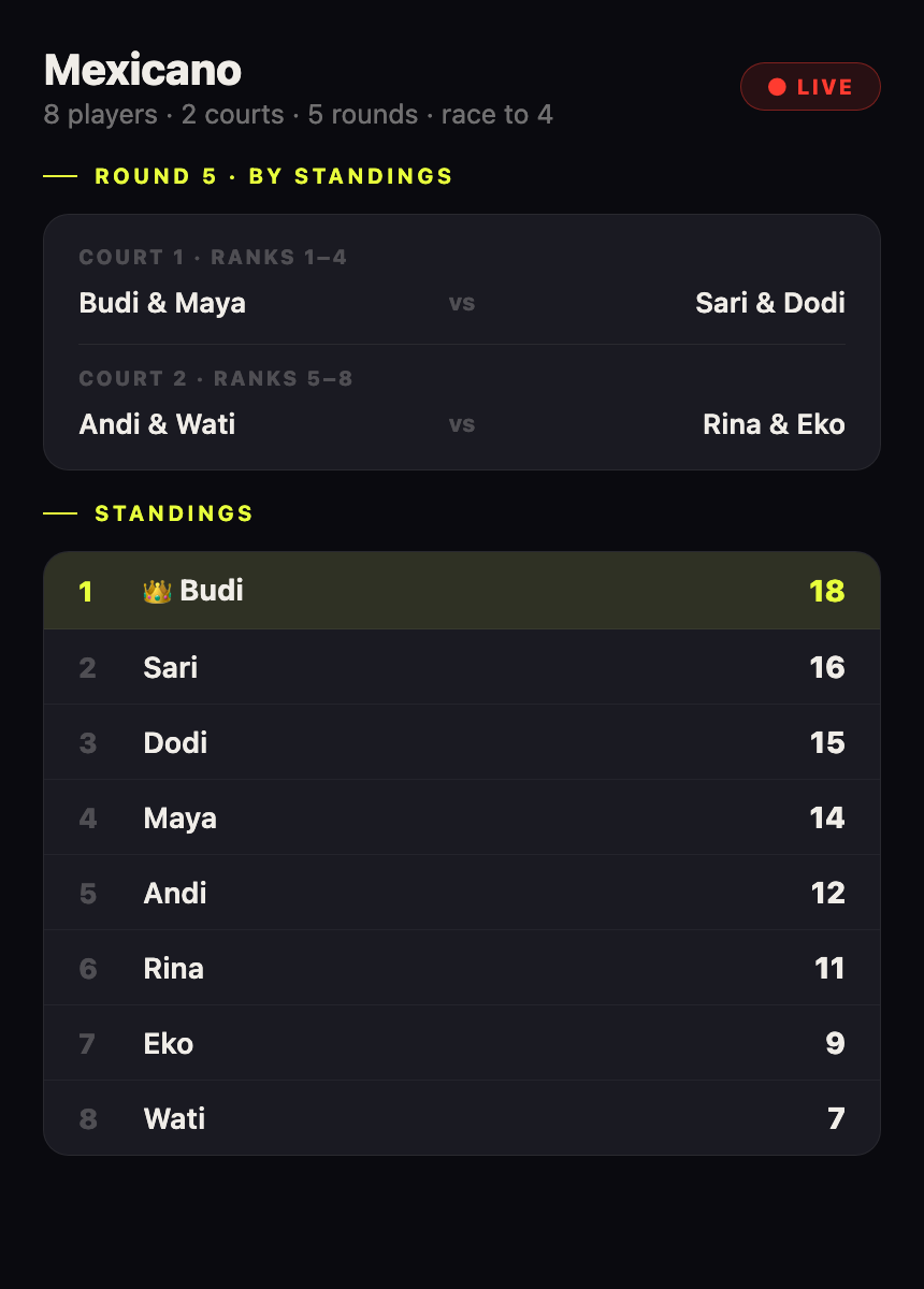 The 90 Min Club app during a live mexicano round